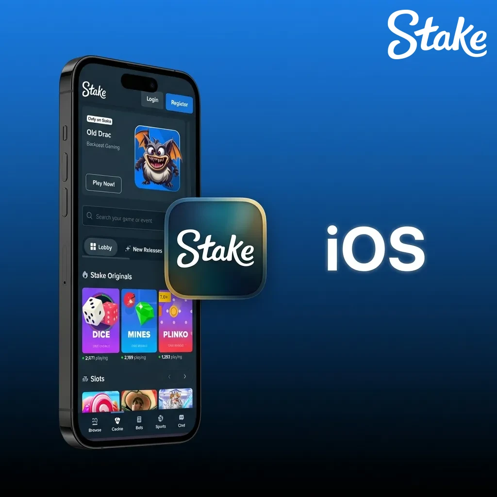 iOS app download interface showing App Store button and installation steps for Stake betting application